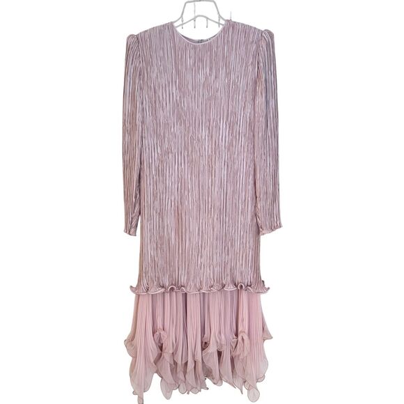 Vintage 80s Pierre Labiche Pleated Dress Blush Pink Chiffon Ruffle Hem USA SZ 10 - Picture 1 of 12